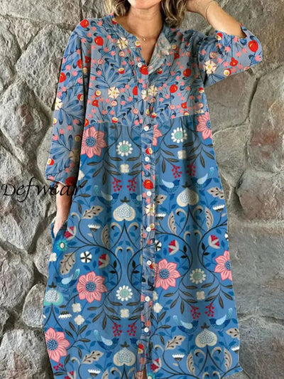 Women’s Fashion Elegant Artistic Floral Print V-Neck Three Quarter Sleeve Button Midi Dress A / S