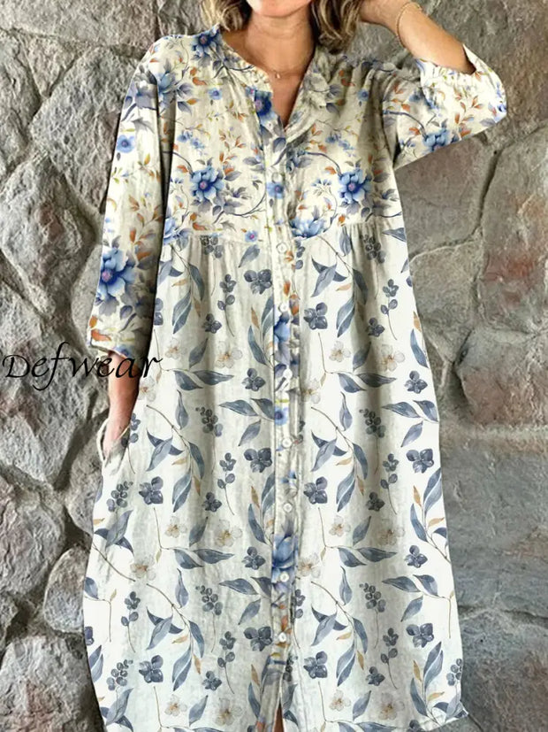 Women’s Fashion Elegant Artistic Floral Print V-Neck Three Quarter Sleeve Button Midi Dress A / S