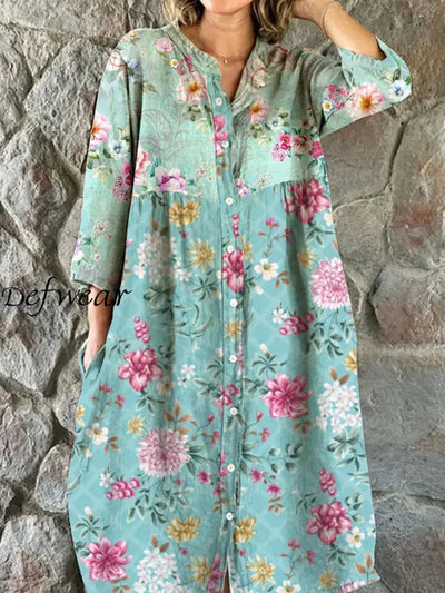 Women’s Fashion Elegant Artistic Floral Print V-Neck Three Quarter Sleeve Button Midi Dress A / S