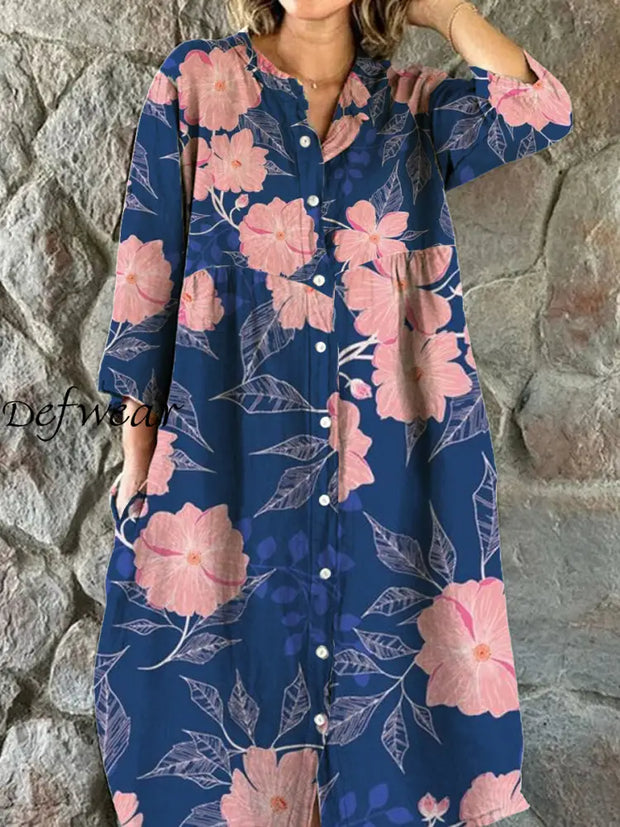 Women’s Fashion Elegant Artistic Floral Print V-Neck Three Quarter Sleeve Button Midi Dress A / S