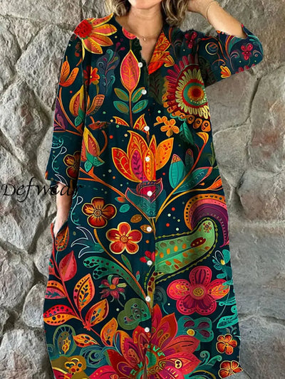 Women’s Fashion Elegant Artistic Floral Print V-Neck Three Quarter Sleeve Button Midi Dress A / S