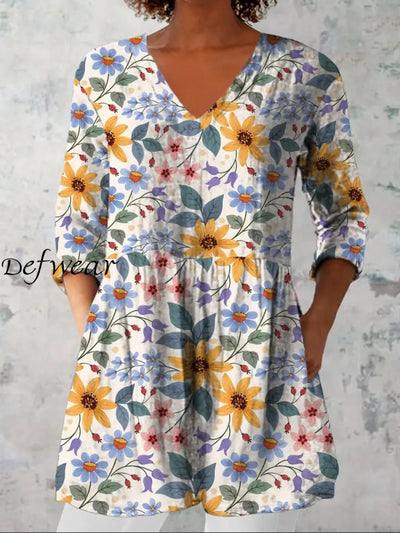 Women’s Fashion Elegant Artistic Floral Print V-Neck Three Quarter Sleeve Top A / S