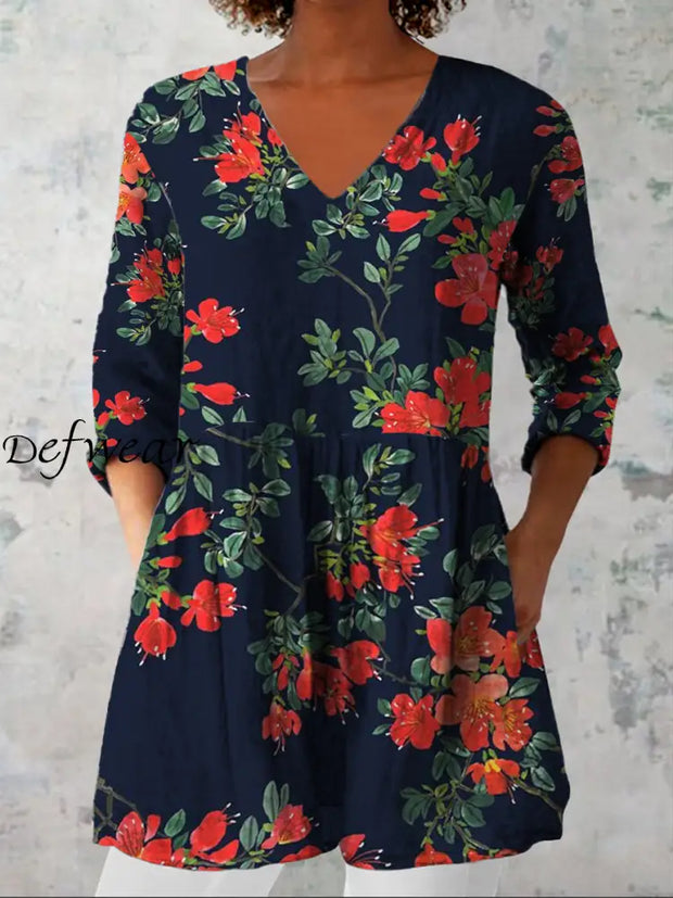 Women’s Fashion Elegant Artistic Floral Print V-Neck Three Quarter Sleeve Top A / S