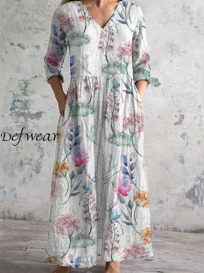 Women’s Fashion Elegant Artistic Floral Print V-Neck Three Quarter Sleeves Long Dress A / S