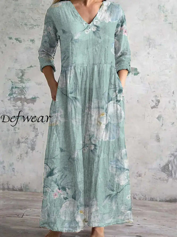 Women’s Fashion Elegant Artistic Floral Print V-Neck Three Quarter Sleeves Long Dress A / S