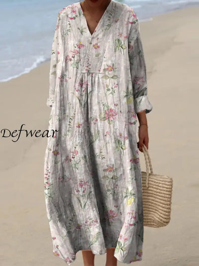 Women’s Fashion Elegant Artistic Floral Print V-Neck Three Quarter Sleeves Long Dress A / S