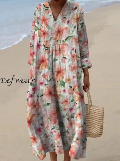 Women’s Fashion Elegant Artistic Floral Print V-Neck Three Quarter Sleeves Long Dress A / S