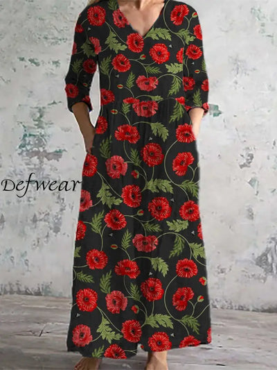 Women’s Fashion Elegant Artistic Floral Print V-Neck Three Quarter Sleeves Long Dress A / S