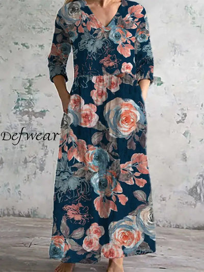 Women’s Fashion Elegant Artistic Floral Print V-Neck Three Quarter Sleeves Long Dress A / S