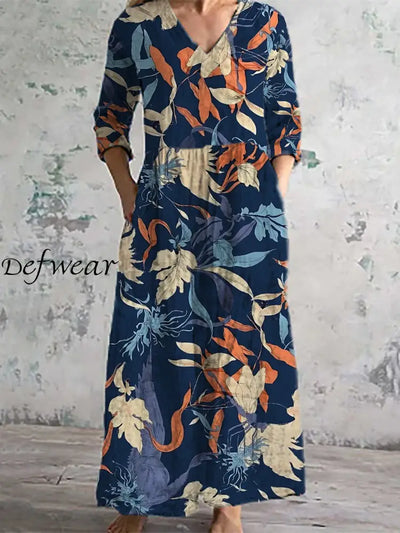 Women’s Fashion Elegant Artistic Floral Print V-Neck Three Quarter Sleeves Long Dress A / S