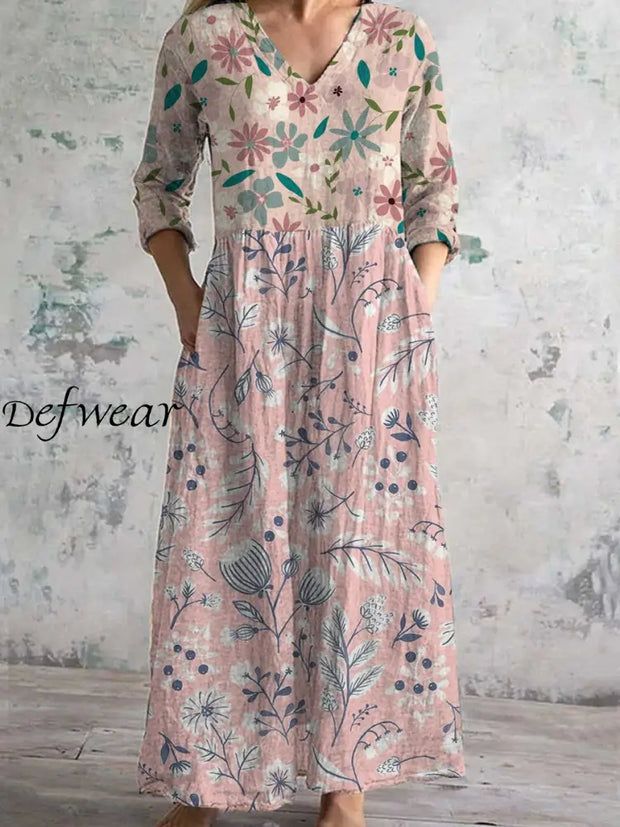 Women’s Fashion Elegant Artistic Floral Print V-Neck Three Quarter Sleeves Long Dress A / S