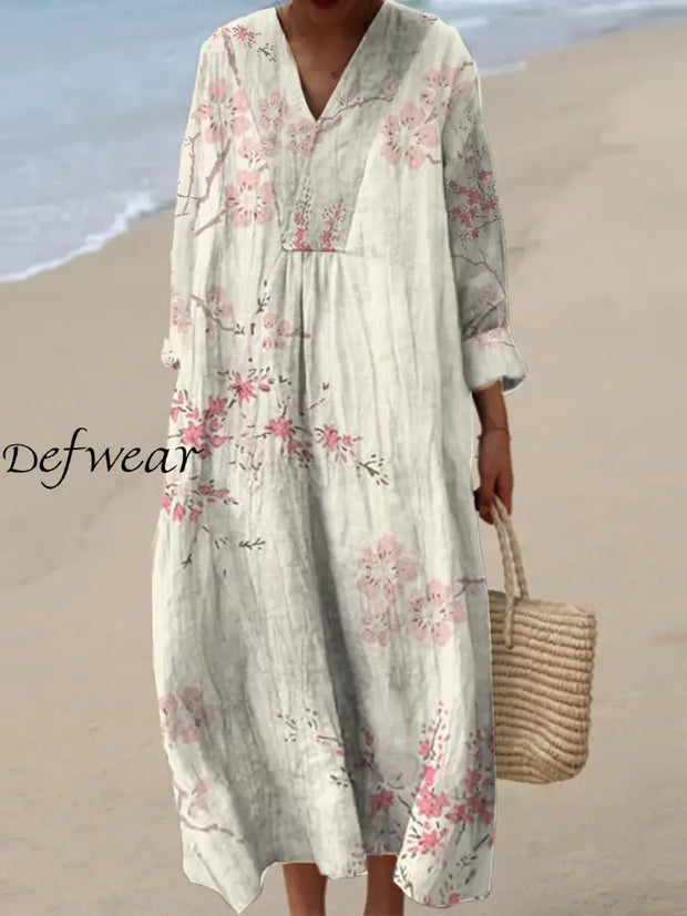 Women’s Fashion Elegant Artistic Floral Print V-Neck Three Quarter Sleeves Long Dress A / S