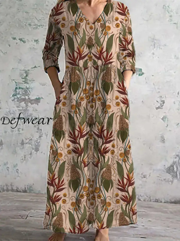 Women’s Fashion Elegant Artistic Floral Print V-Neck Three Quarter Sleeves Long Dress A / S