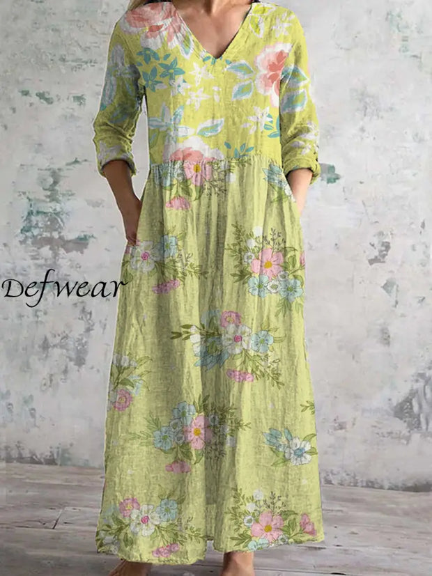 Women’s Fashion Elegant Artistic Floral Print V-Neck Three Quarter Sleeves Long Dress A / S