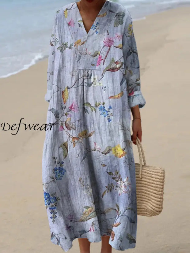 Women’s Fashion Elegant Artistic Floral Print V-Neck Three Quarter Sleeves Long Dress A / S