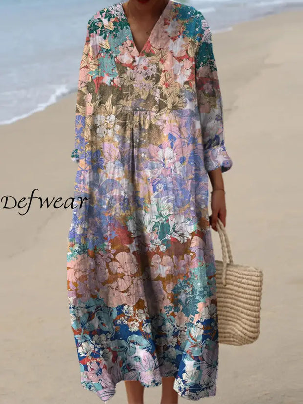 Women’s Fashion Elegant Artistic Floral Print V-Neck Three Quarter Sleeves Maxi Dress A / S