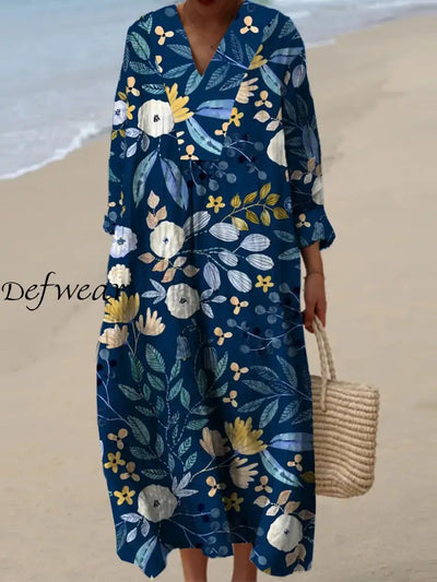 Women’s Fashion Elegant Artistic Floral Print V-Neck Three Quarter Sleeves Maxi Dress A / S