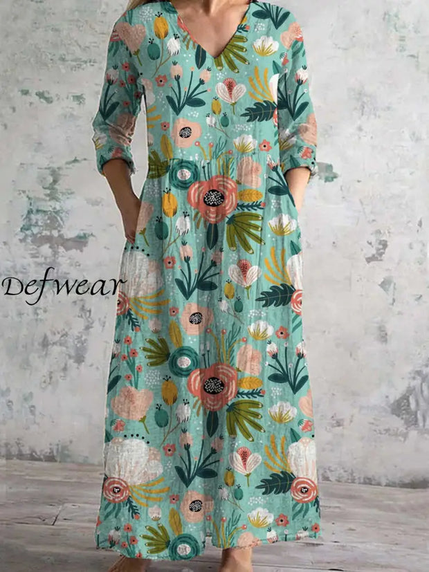 Women’s Fashion Elegant Artistic Floral Print V-Neck Three Quarter Sleeves Maxi Dress A / S