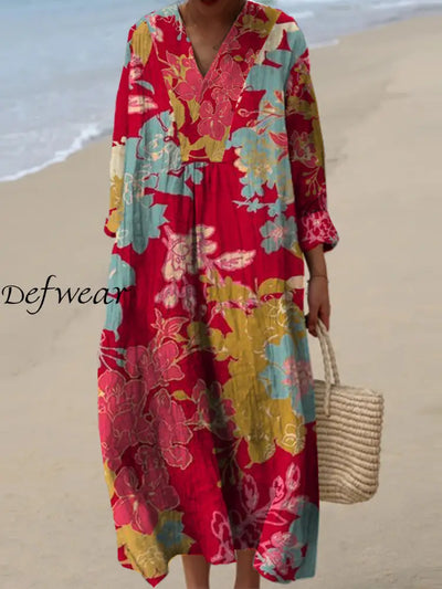 Women’s Fashion Elegant Artistic Floral Print V-Neck Three Quarter Sleeves Maxi Dress A / S