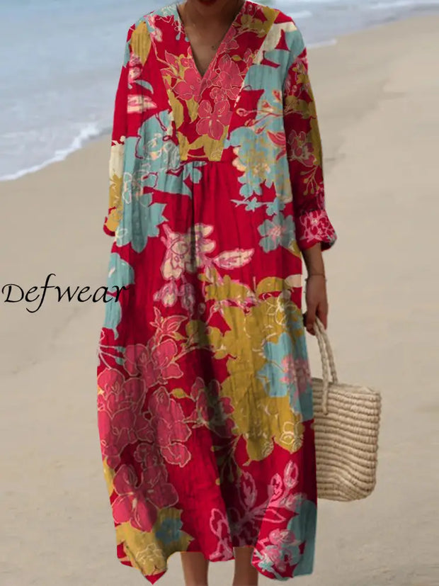 Women’s Fashion Elegant Artistic Floral Print V-Neck Three Quarter Sleeves Maxi Dress A / S