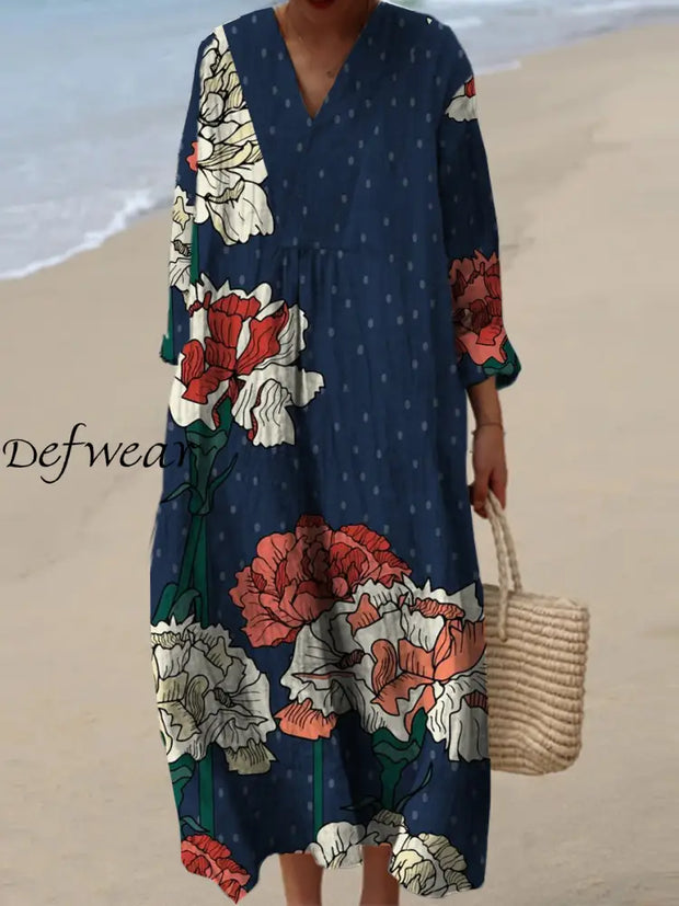 Women’s Fashion Elegant Artistic Floral Print V-Neck Three Quarter Sleeves Maxi Dress A / S