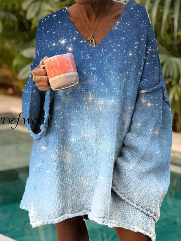 Women’s Fashion Elegant Artistic Gradient Starry Sky Printed Long Sleeve V-Neck Sweater A / S