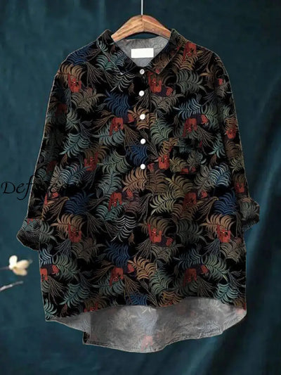 Women’s Fashion Elegant Artistic Plant Animal Print Long Sleeve V Neck Button Pocket Shirt Tops A