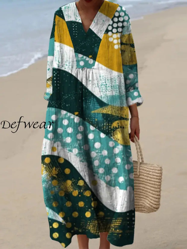 Women’s Fashion Elegant Artistic Print Long Sleeve V Neck Maxi Dress A / S