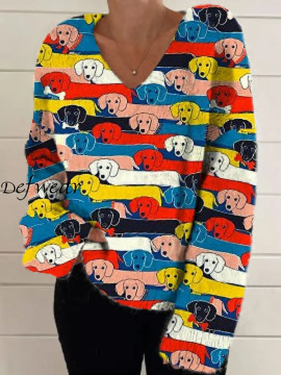 Women’s Fashion Elegant Artistic Puppy Print Long Sleeve V-Neck Knitted Sweater A / S