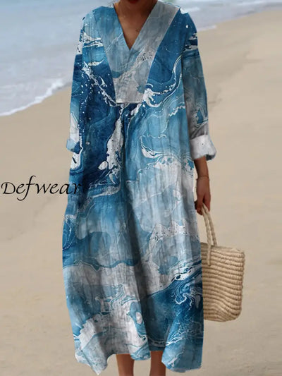 Women’s Fashion Elegant Artistic Wave Printed V-Neck Long Sleeve Maxi Dress A / S