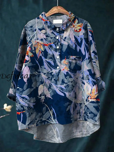 Women’s Fashion Elegant Contrast Art Floral Print V-Neck Long Sleeve Pocket Button Shirt Top A / S