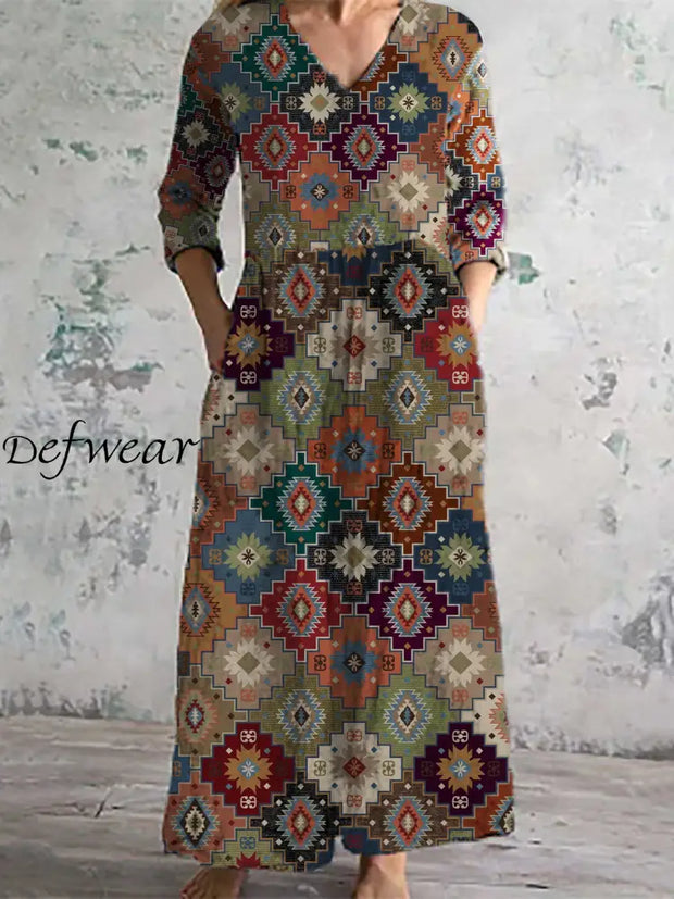 Women’s Fashion Elegant Ethnic Art Print Three Quarter Sleeve V Neck Maxi Dress A / S