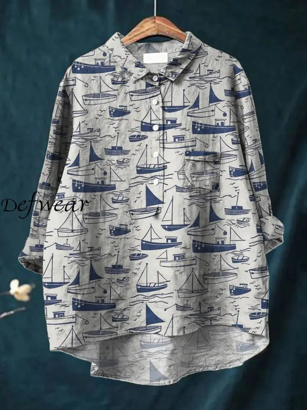 Women’s Fashion Elegant Simple Art Boat Printed V-Neck Long Sleeve Pocket Button Shirt Top A / S