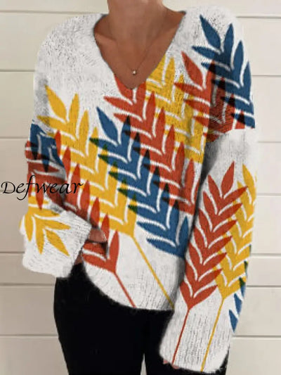 Women’s Fashion Elegant Simple Art Print Long Sleeve V Neck Knitted Sweater A / S