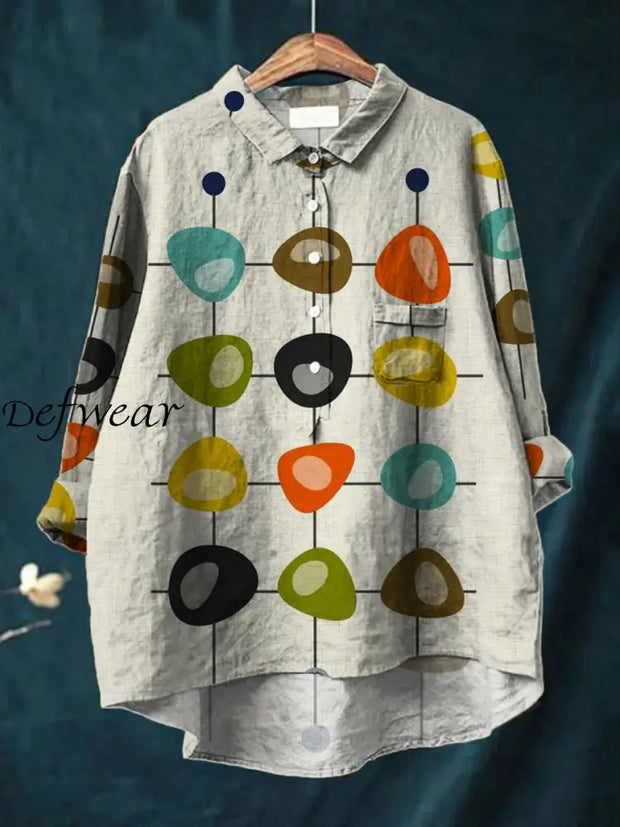 Women’s Fashion Elegant Simple Art Print V-Neck Pocket Button Shirt Tops A / S