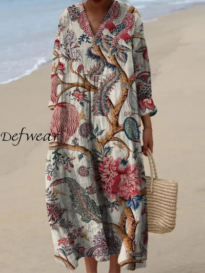 Women’s Fashion Elegant Vintage Art Floral Print V Neck Long Sleeve Maxi Dress A / S