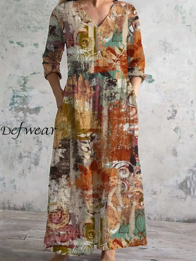 Women’s Fashion Elegant Vintage Mural Art Floral Print Three Quarter Sleeves V Neck Maxi Dress A / S