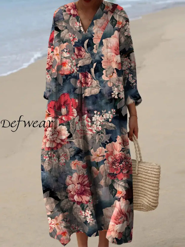 Women’s Fashion Elegant Vintage Oil Painting Art Floral Print V Neck Long Sleeve Maxi Dress A / S