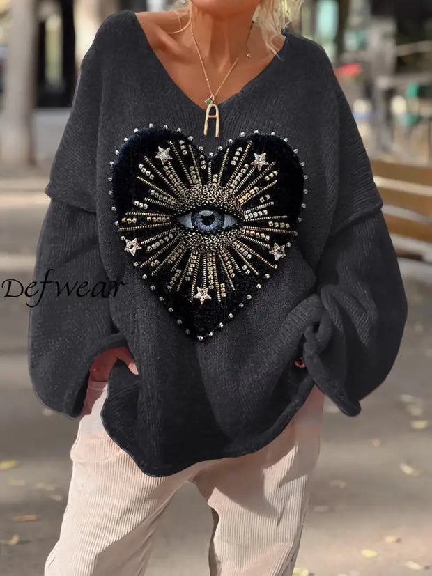 Women’s Fashion Love Art Print V-Neck Casual Pullover Sweater Gray / S