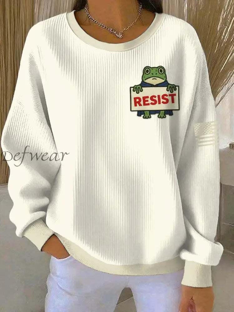 Women’s FDT Polish Frog Print Ribbed Round-Neck Sweatshirt Beige / S