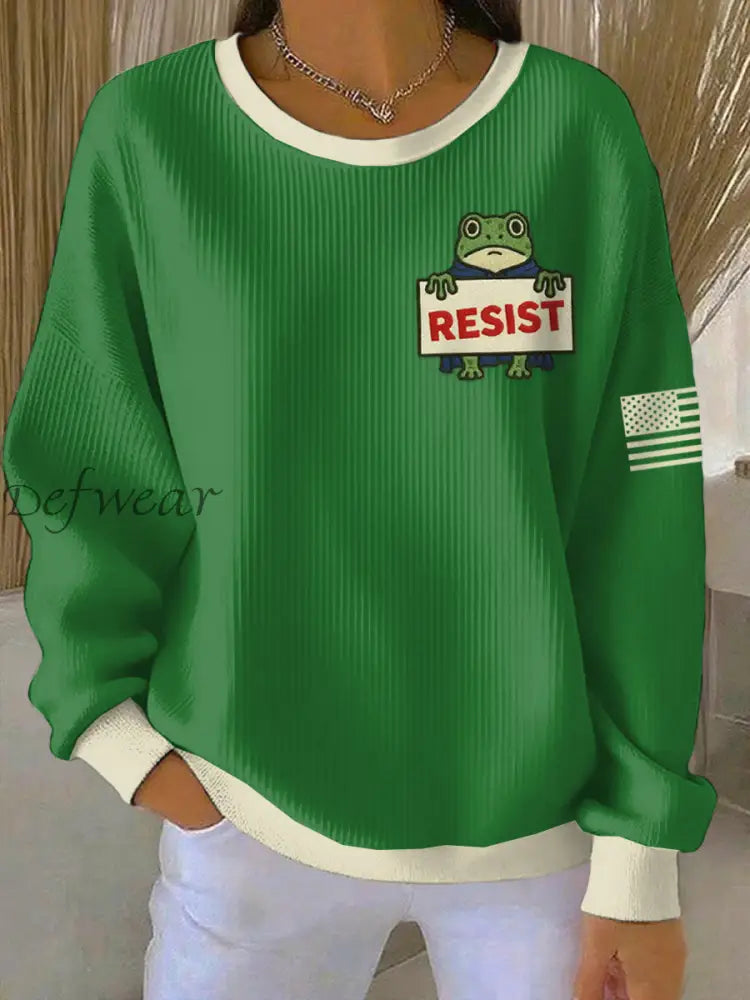 Women’s FDT Polish Frog Print Ribbed Round-Neck Sweatshirt Green / S