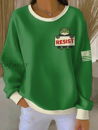 Women’s FDT Polish Frog Print Ribbed Round-Neck Sweatshirt Green / S