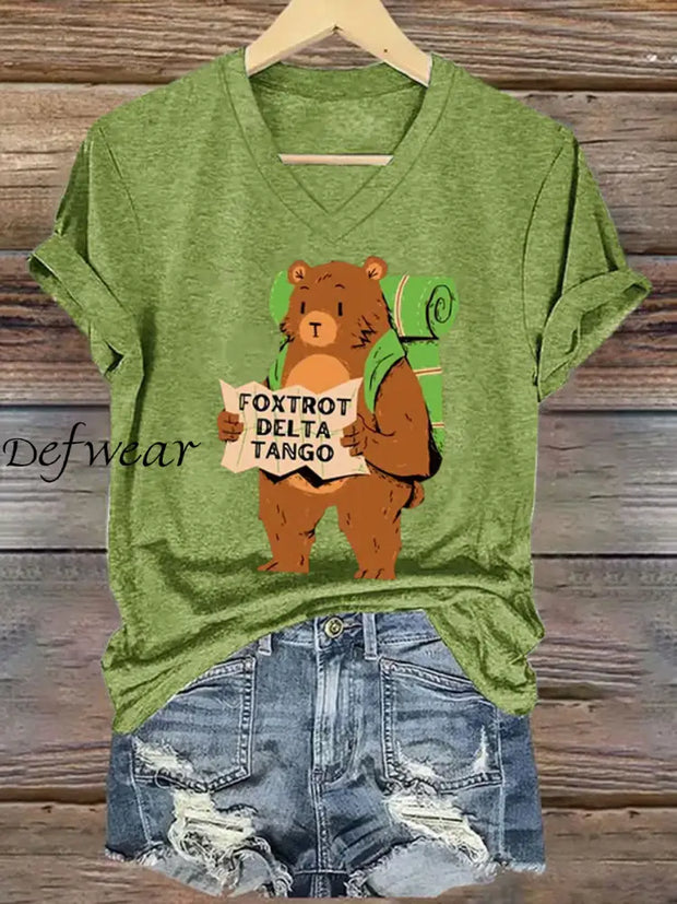 Women’s Foxtrot Delta Tango Print V-neck T-shirt Green / 2XL