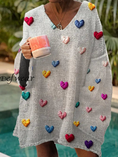 Women’s Heart Art Print Chic V-Neck Casual Sweater Pullover A / S