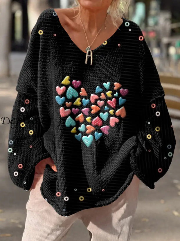 Women’s Heart Art Print Chic V-Neck Casual Sweater Pullover A / S