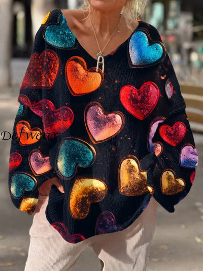 Women’s Heart Art Print Chic V-Neck Casual Sweater Pullover A / S