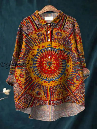 Women’s Hippie Art Print Chic Elegant V Neck Long Sleeve Pocket Button Up Shirt Top A / S