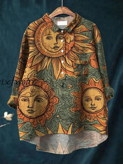 Womens Hippie Art Print V Neck Button Pocket Long Sleeve Shirt Top A / S