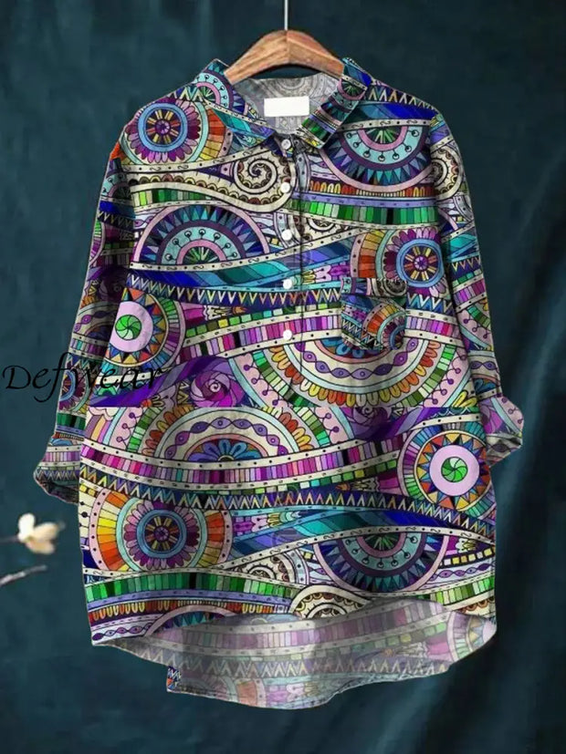 Womens Hippie Art Print V Neck Button Pocket Long Sleeve Shirt Top A / S