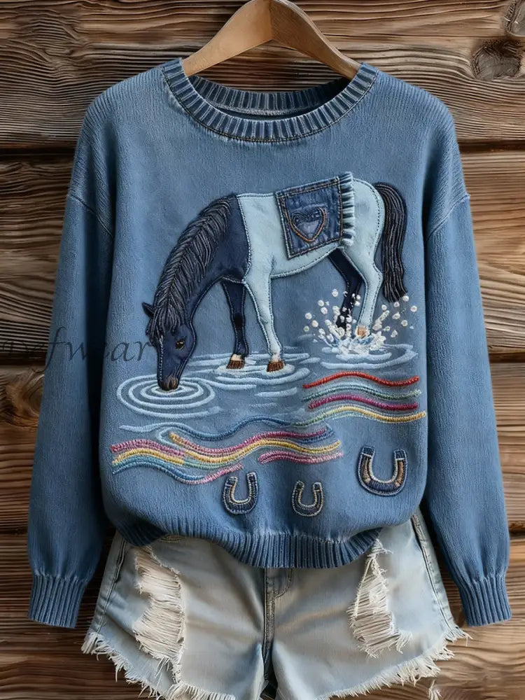 Women’s horse print tops Blue / S